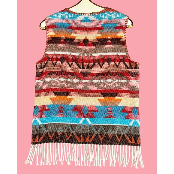 Womens Fall Soft Wool Blend Blanket Vest Fringe Western Aztec Pattern Outerwear - Picture 6 of 10